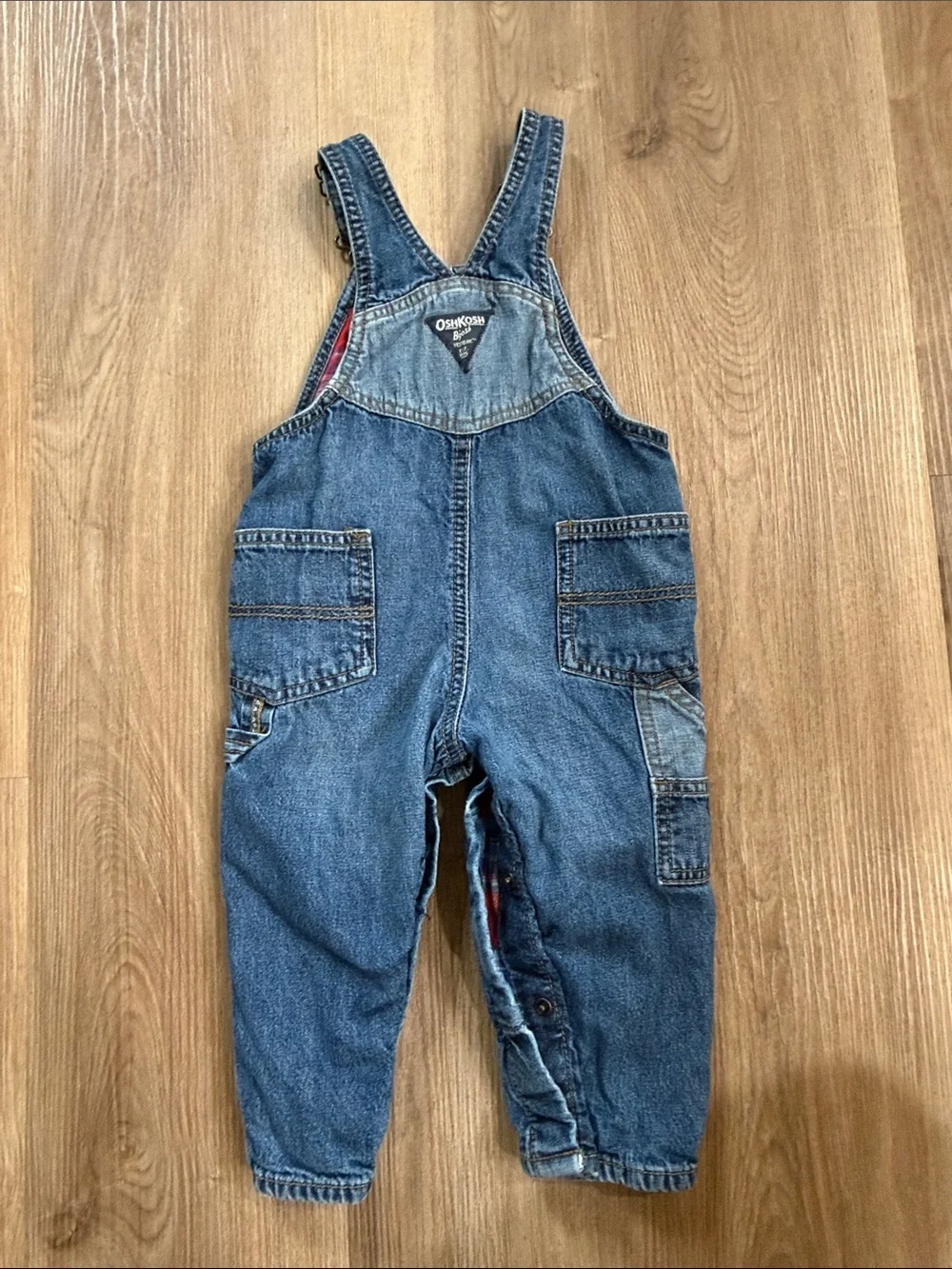 OskKosh B'gosh Denim Overalls Red Flannel  Lining Snap Up Legs Toddler Size 18M